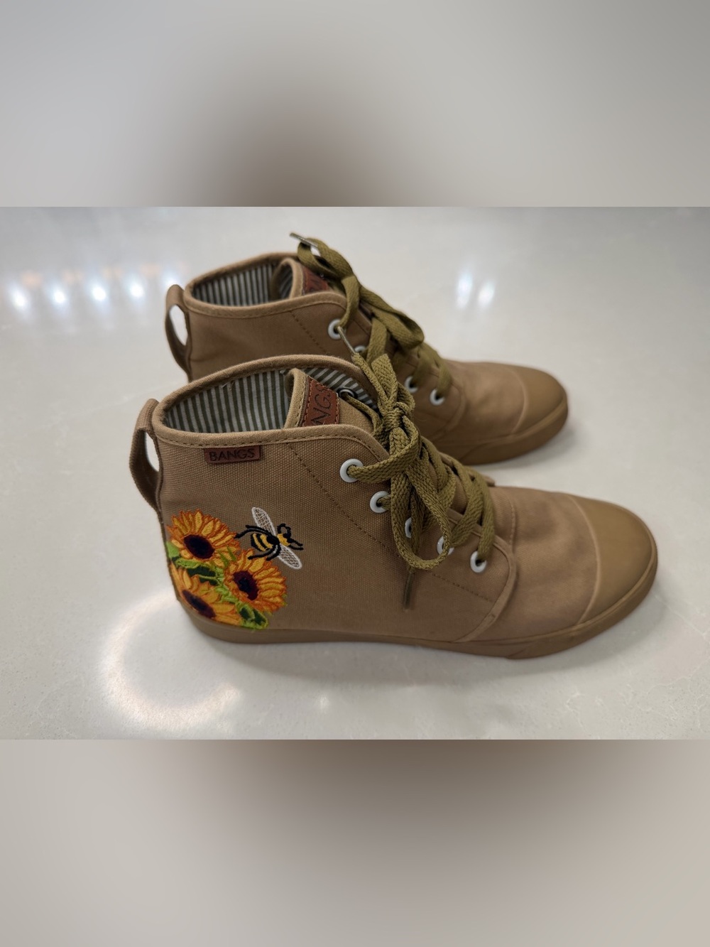 BANGS Shoes Old Pine Sunflower Embroidered Canvas High Top Sneakers, Women’s 8